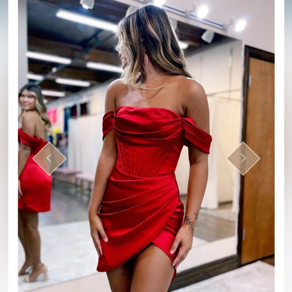 Red Satin Off the Shoulder Short Bodycon Dress